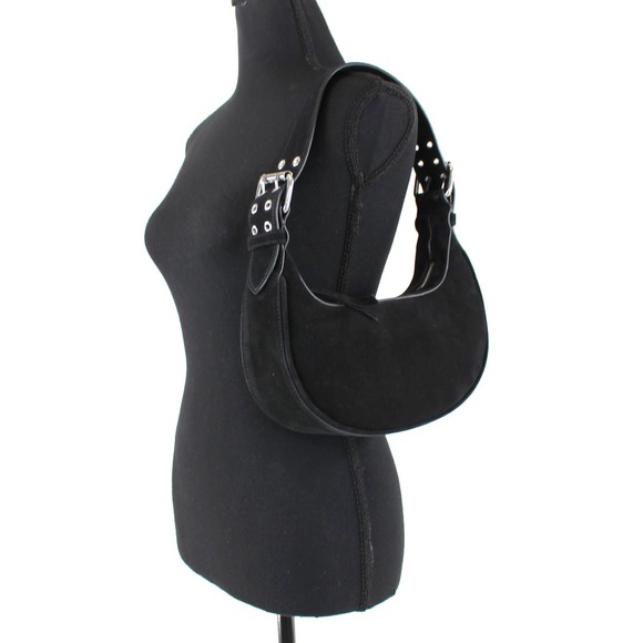 BY FAR Black Suede Leather Soho Handbag Half Moon Shoulder Bag NEW Silver Zip - Picture 2 of 9
